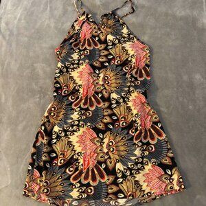 boho peacock feather print slip dress black red gold sleeveless midi